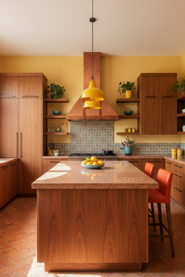 Modern Spanish Kitchen Island, Burnt Sienna Countertop, Flat Panel Cabinets, Sunlit Updated Kitchen Modern Spanish Kitchen Island, Burnt Sienna Countertop, Flat Panel Cabinets, Sunlit Updated Kitchen