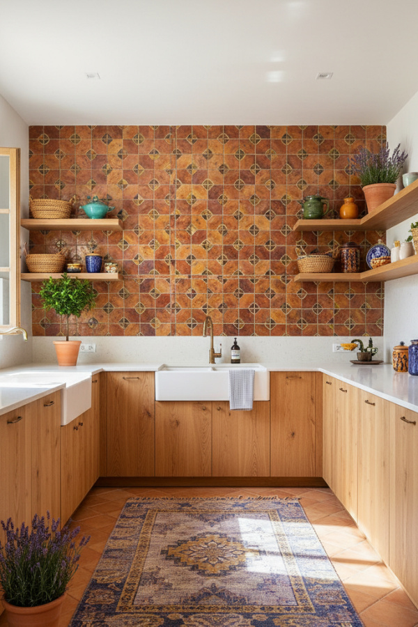 Modern Spanish Kitchen Cabinets, Natural Oak Finish, Clay Tile Accent Wall, Vibrant Organic Modern Kitchen Modern Spanish Kitchen Cabinets, Natural Oak Finish, Clay Tile Accent Wall, Vibrant Organic Modern Kitchen