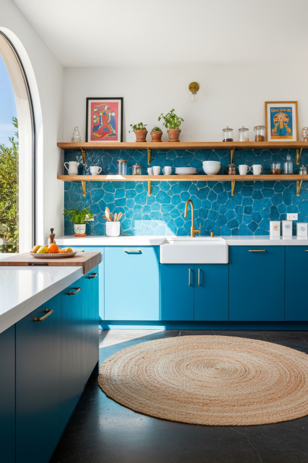 Modern Spanish Kitchen Backsplash, Azure Blue Zellige Tiles, White Quartz Counter, Bright Refined Kitchen Modern Spanish Kitchen Backsplash, Azure Blue Zellige Tiles, White Quartz Counter, Bright Refined Kitchen