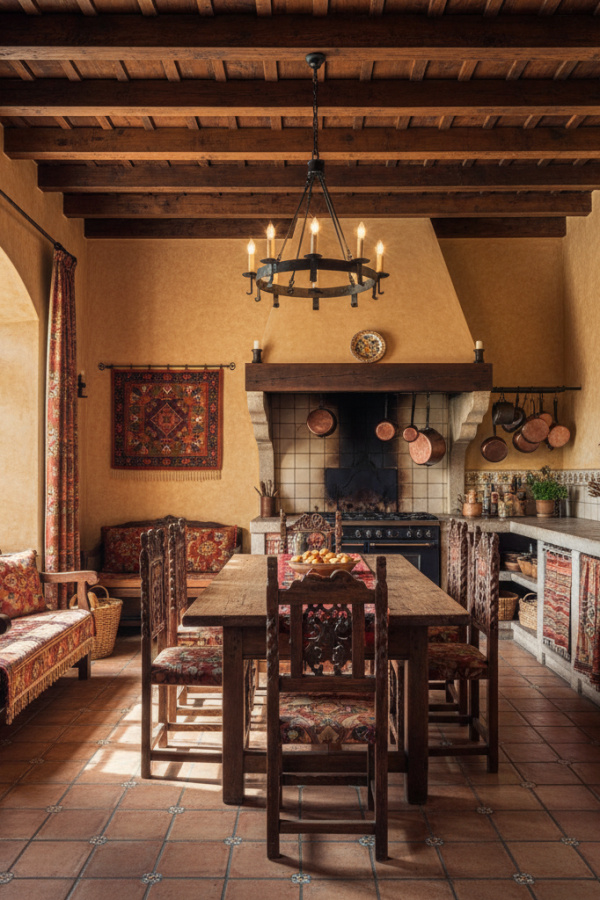 Traditional Spanish Kitchen Walls, Warm Ochre Paint, Exposed Wood Beams, Sunlit Hacienda Kitchen Traditional Spanish Kitchen Walls, Warm Ochre Paint, Exposed Wood Beams, Sunlit Hacienda Kitchen
