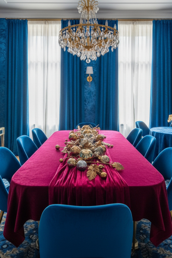 Magenta Velvet Table Runner With A Bright Mixed Metallic Centerpiece Magenta Velvet Table Runner With A Bright Mixed Metallic Centerpiece