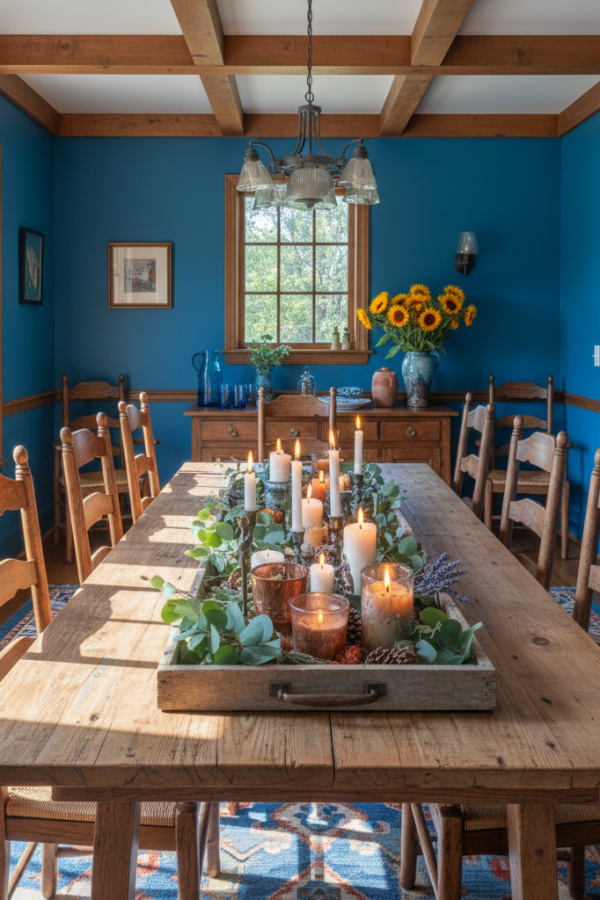 Rustic Wooden Tray With A Bright Candle Arrangement Rustic Wooden Tray With A Bright Candle Arrangement