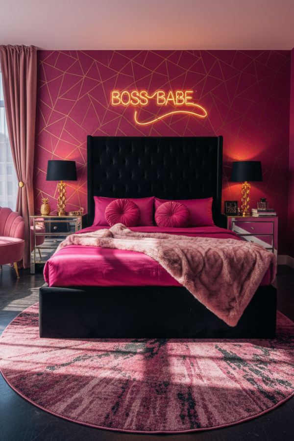 Aesthetic Baddie Modern Glam Boss Bedroom, Black Velvet Headboard, 2 Hot Pink Pillows, 1 Gold Neon Sign