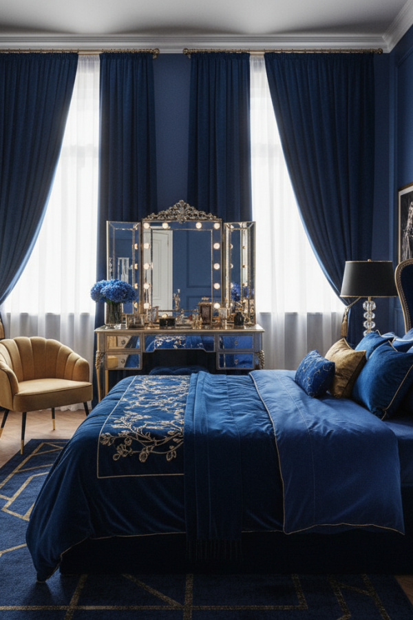 Aesthetic Baddie Modern Sultry Chic Bedroom, Navy Velvet Curtains, 1 Mirrored Vanity, 1 Crystal Table Lamp
