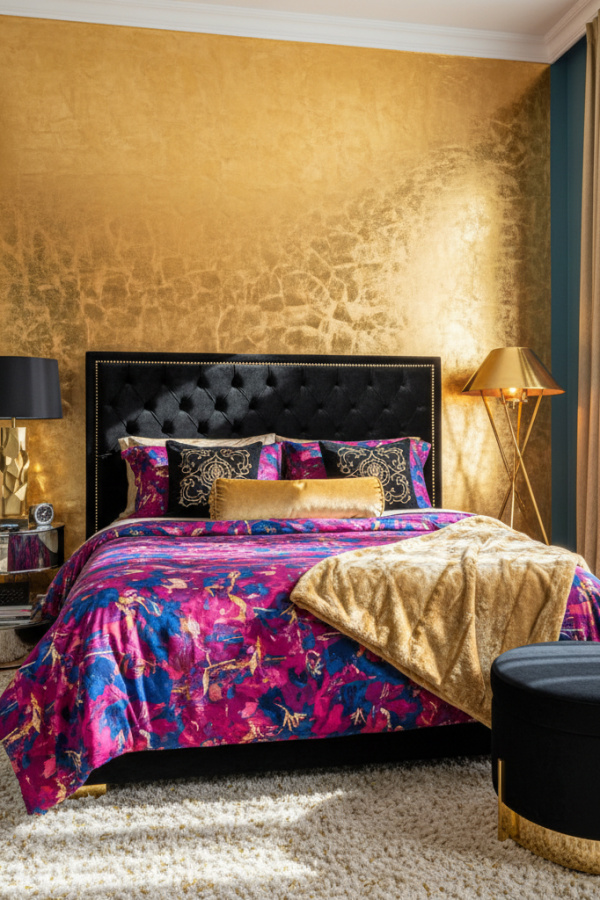 Aesthetic Baddie Modern Daring Luxe Bedroom, Gold Accent Wall, 2 Black Velvet Pillows, 1 Chrome Bedside Table
