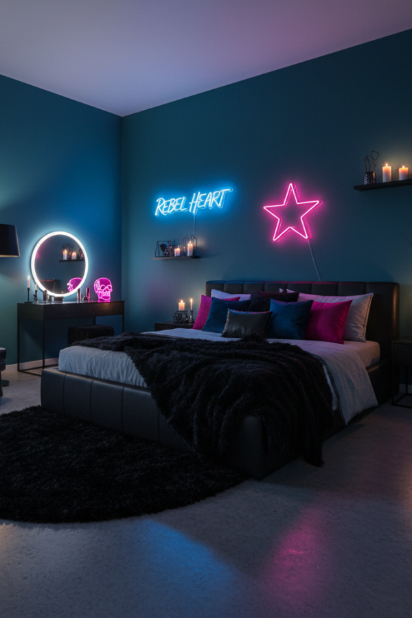 Aesthetic Baddie Modern Rebel Glow Bedroom, Deep Teal Walls, 1 Faux Fur Throw, 1 Pink Neon Star