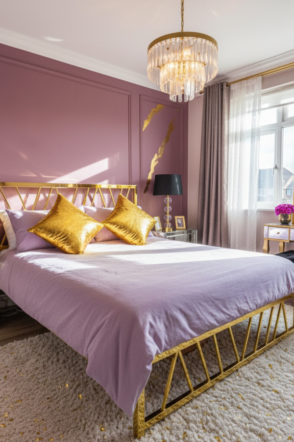 Aesthetic Baddie Modern Glam Edge Bedroom, Lilac Bedspread, 2 Metallic Gold Pillows, 1 Acrylic Chandelier