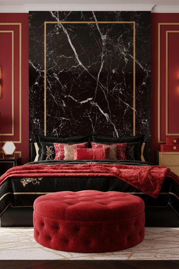 Aesthetic Baddie Modern Fierce Luxe Bedroom, Black Marble Headboard, 1 Red Velvet Ottoman, 1 Gold Wall Sconce