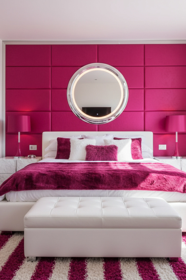 Aesthetic Baddie Modern Bold Diva Bedroom, Fuchsia Accent Wall, 1 White Leather Bedframe, 1 LED Mirror