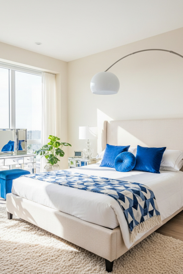 Aesthetic Baddie Modern Chic Vibe Bedroom, Cream Walls, 2 Sapphire Blue Cushions, 1 Chrome Arc Lamp
