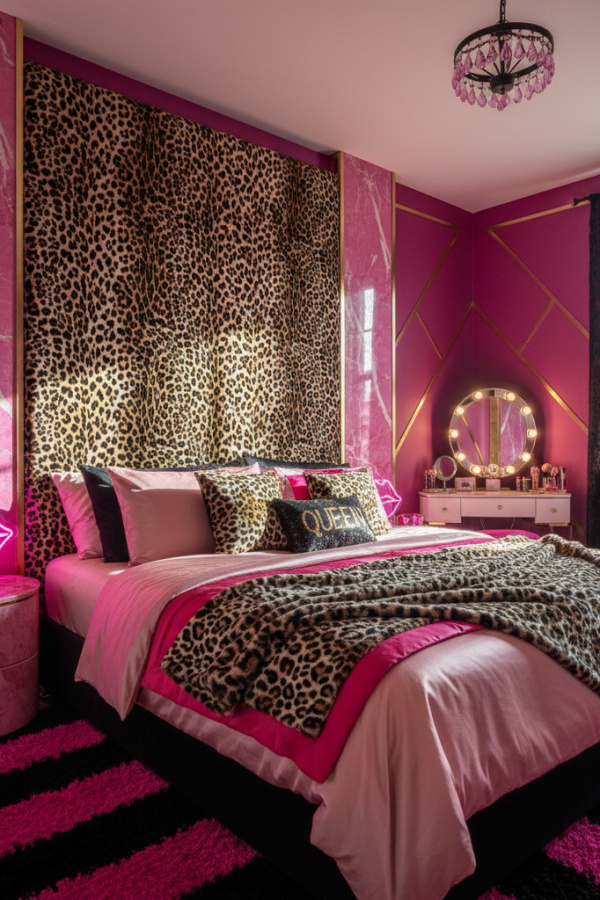 Aesthetic Baddie Modern Sassy Glam Bedroom, Leopard Print Headboard, 1 Pink Marble Table, 1 Neon Lip Sign