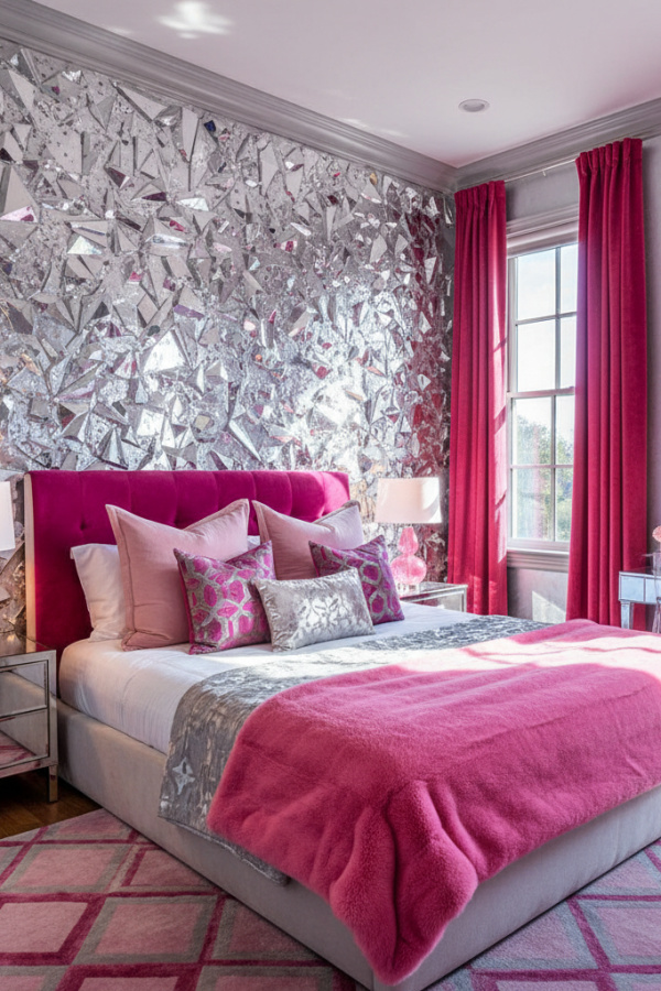 Aesthetic Baddie Modern Radiant Boss Bedroom, Metallic Silver Walls, 2 Blush Pink Pillows, 1 Crystal Wall Art