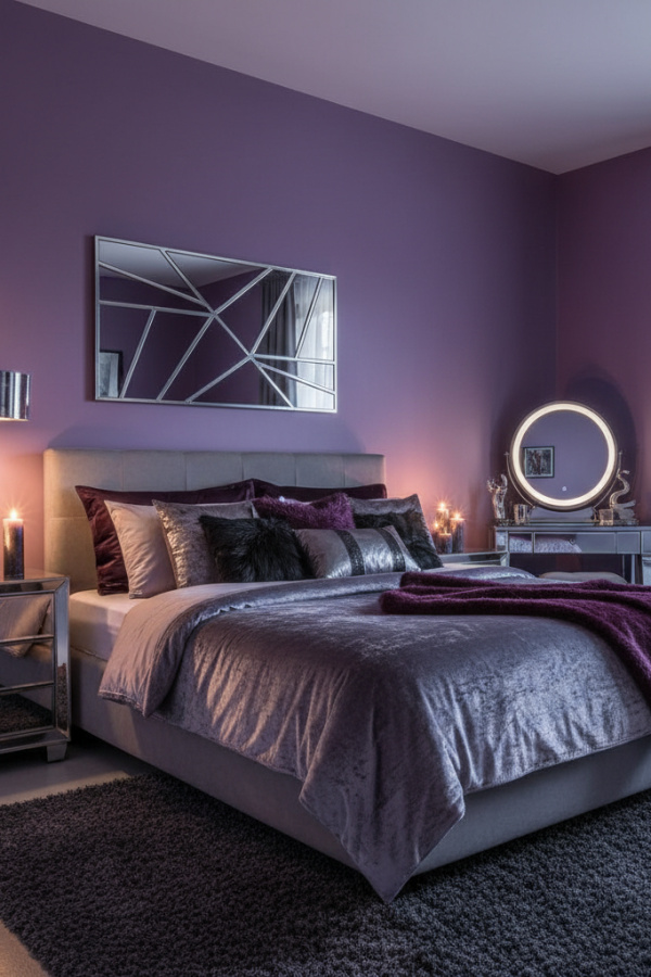 Aesthetic Baddie Modern Fierce Chic Bedroom, Deep Purple Walls, 1 Mirrored Nightstand, 1 Chrome Floor Lamp