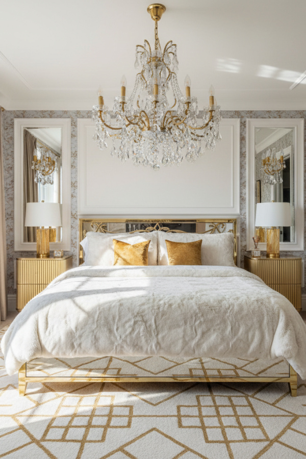 Aesthetic Baddie Modern Luxe Diva Bedroom, White Faux Fur Bedspread, 2 Gold Cushions, 1 Crystal Chandelier