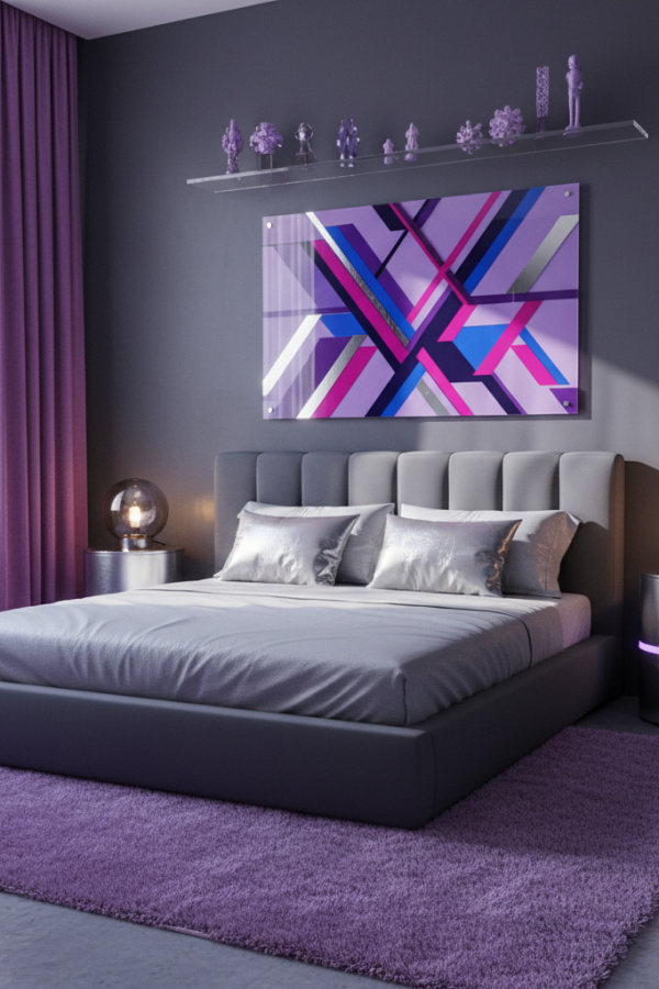 Aesthetic Baddie Modern Sleek Vibe Bedroom, Charcoal Gray Bedframe, 2 Metallic Silver Pillows, 1 Acrylic Wall Art