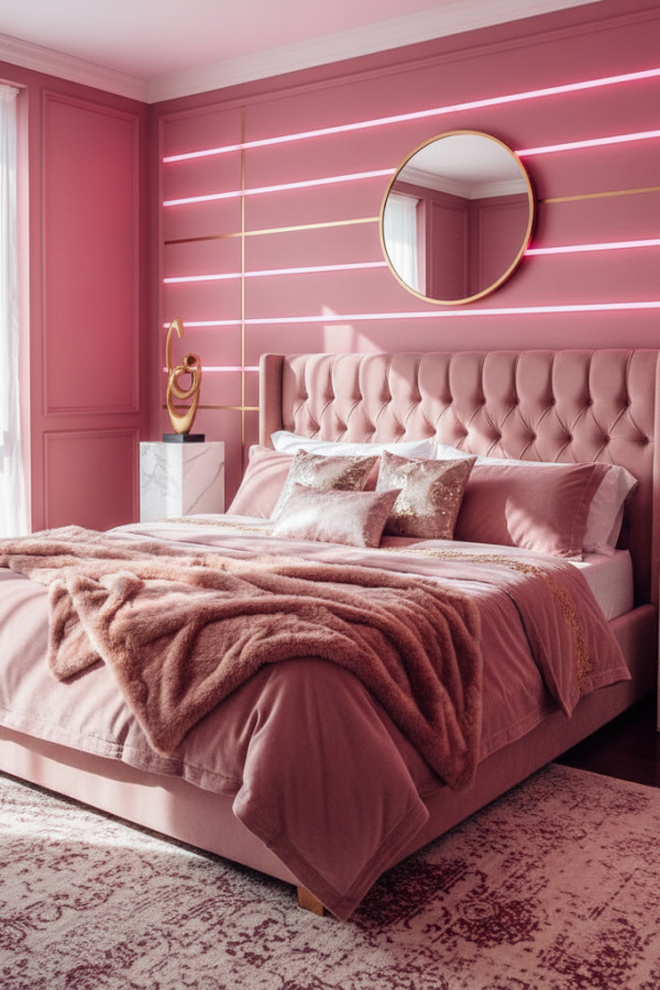 Aesthetic Baddie Modern Urban Queen Bedroom, Blush Pink Velvet Bed, 1 Marble Side Table, 1 LED Strip Light