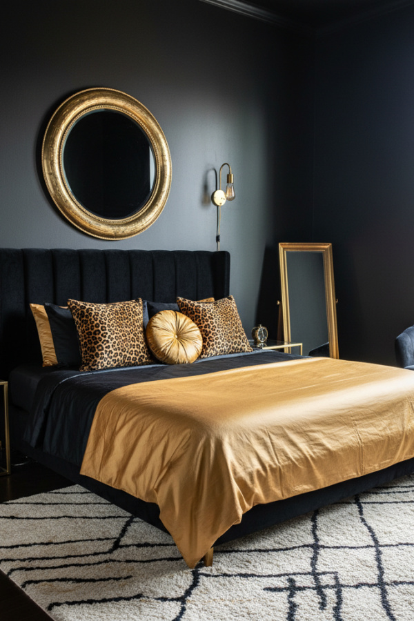 Aesthetic Baddie Modern Edgy Glam Bedroom, Black Walls, 2 Leopard Print Pillows, 1 Gold-Framed Mirror