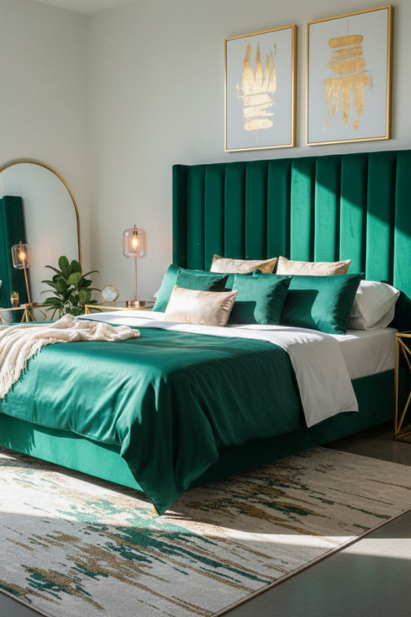 Aesthetic Baddie Modern Posh Icon Bedroom, Emerald Green Headboard, 1 Glass Nightstand, 1 Rose Gold Lamp