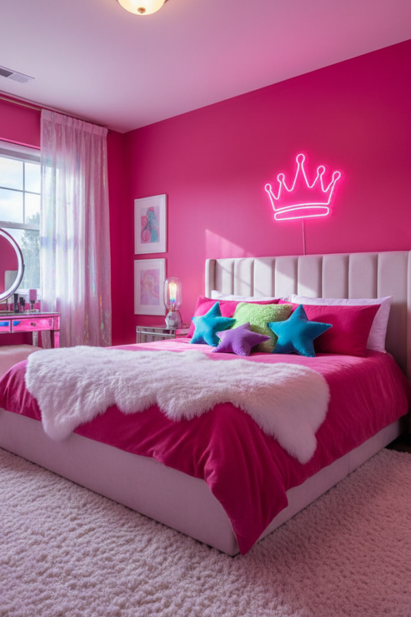 Aesthetic Baddie Modern Vibrant Star Bedroom, Hot Pink Walls, 1 White Fur Rug, 1 Neon Crown Light