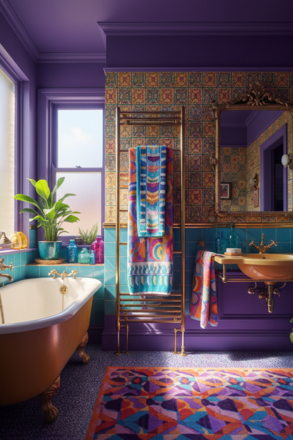 Close Up of Modern Eclectic Pop Bathroom Towel Rack on Wall Close Up of Modern Eclectic Pop Bathroom Towel Rack on Wall