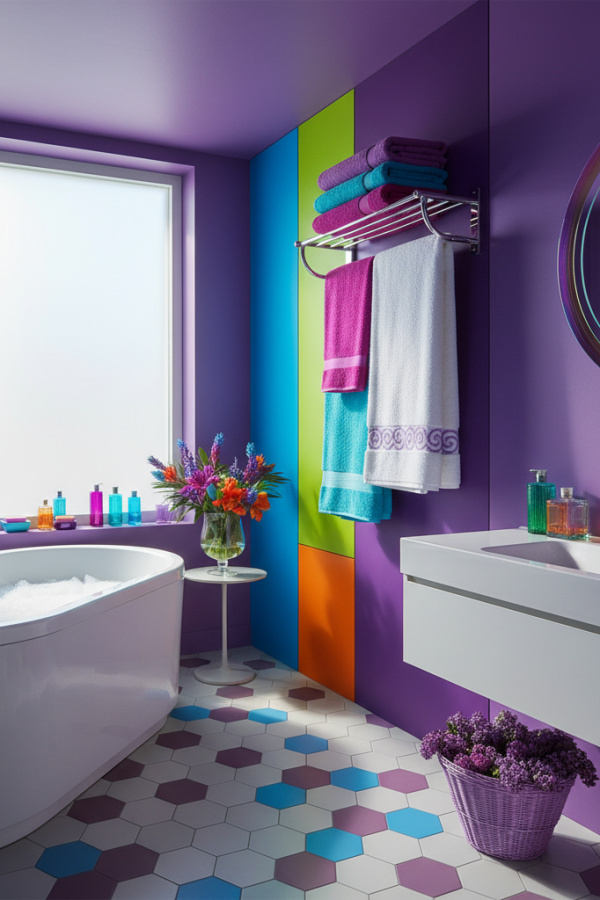 Close Up of Modern Vibrant Bliss Bathroom Towel Rack on Wall Close Up of Modern Vibrant Bliss Bathroom Towel Rack on Wall