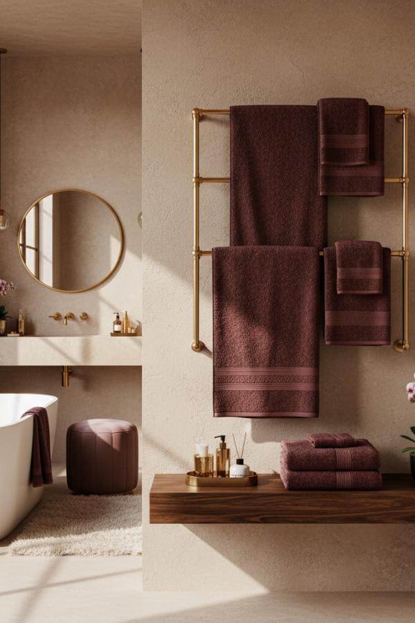 Close Up of Modern Warm Luxe Bathroom Towel Rack on Wall Close Up of Modern Warm Luxe Bathroom Towel Rack on Wall