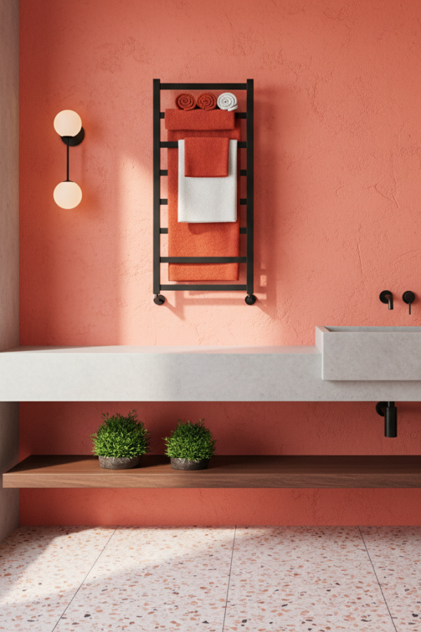 Close Up of Modern Sleek Minimalist Bathroom Towel Rack on Wall Close Up of Modern Sleek Minimalist Bathroom Towel Rack on Wall