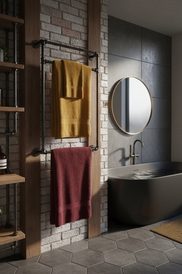 Close Up of Modern Industrial Chic Bathroom Towel Rack on Wall Close Up of Modern Industrial Chic Bathroom Towel Rack on Wall