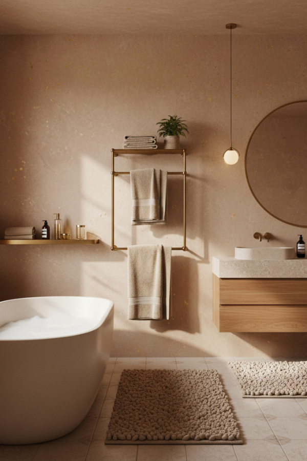 Close Up of Modern Cozy Sophisticate Bathroom Towel Rack on Wall Close Up of Modern Cozy Sophisticate Bathroom Towel Rack on Wall