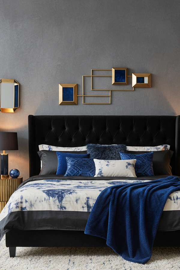 Black Bedroom With Sapphire Blue Jewel Tone Accents