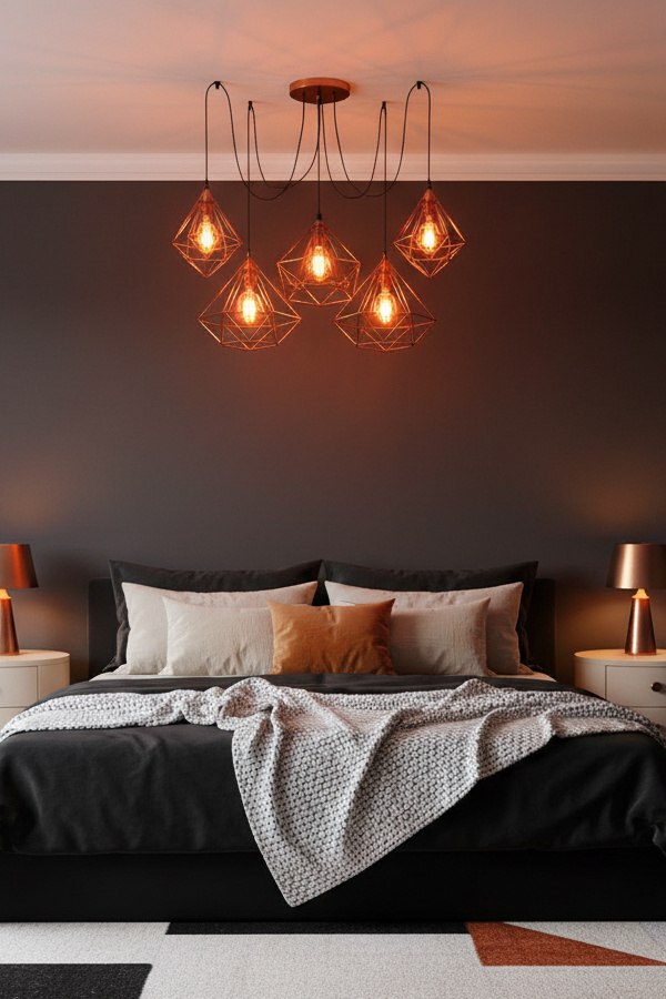 Black Bedroom With Tangerine Copper Lighting Fixtures