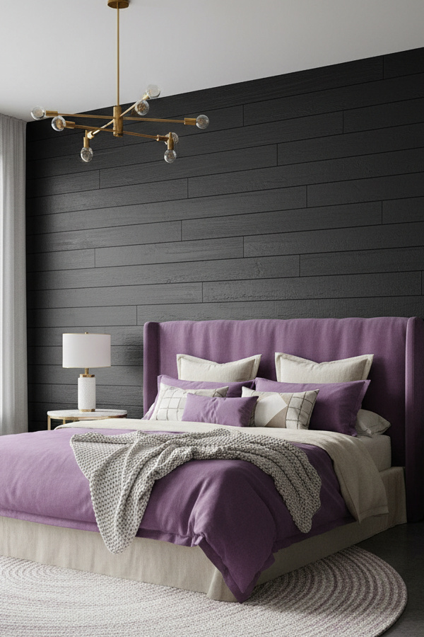 Textured Black Bedroom With Wood Paneling Details