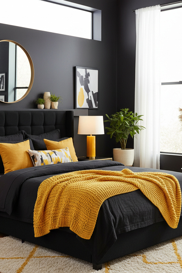 Black Bedroom With Sunshine Yellow Pop Of Color