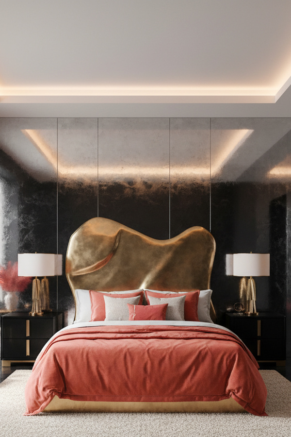 Black Bedroom With Silver Metallic Reflective Surfaces