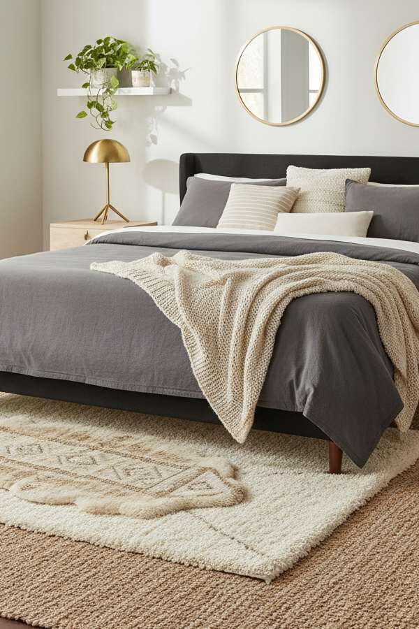 Cozy Black Bedroom With Plush Layered Rugs