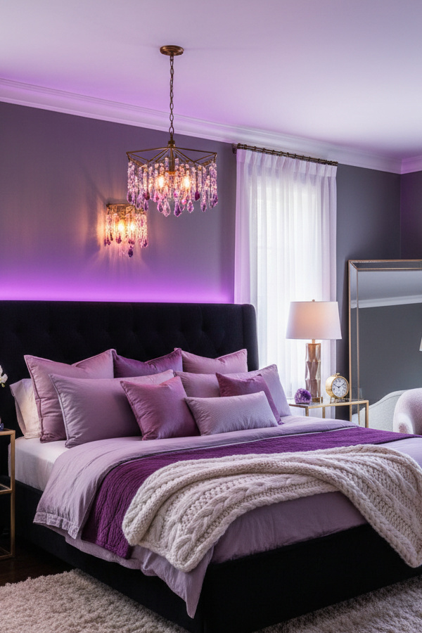 Black Bedroom With Amethyst Purple Jewel Tone Lighting