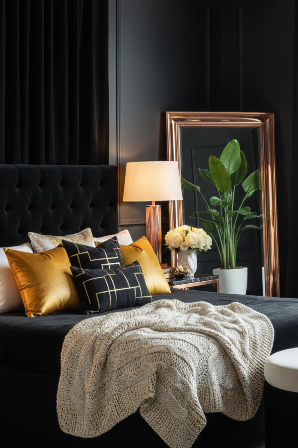Black Bedroom With Rose Gold Accents And Velvet Textures