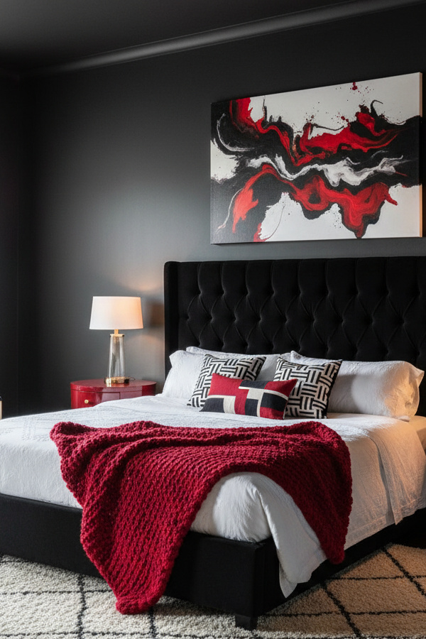 Black Bedroom With Crimson Red Statement Pieces