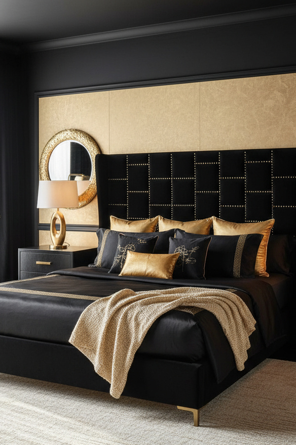 Black Bedroom With Champagne Gold Metallic Details