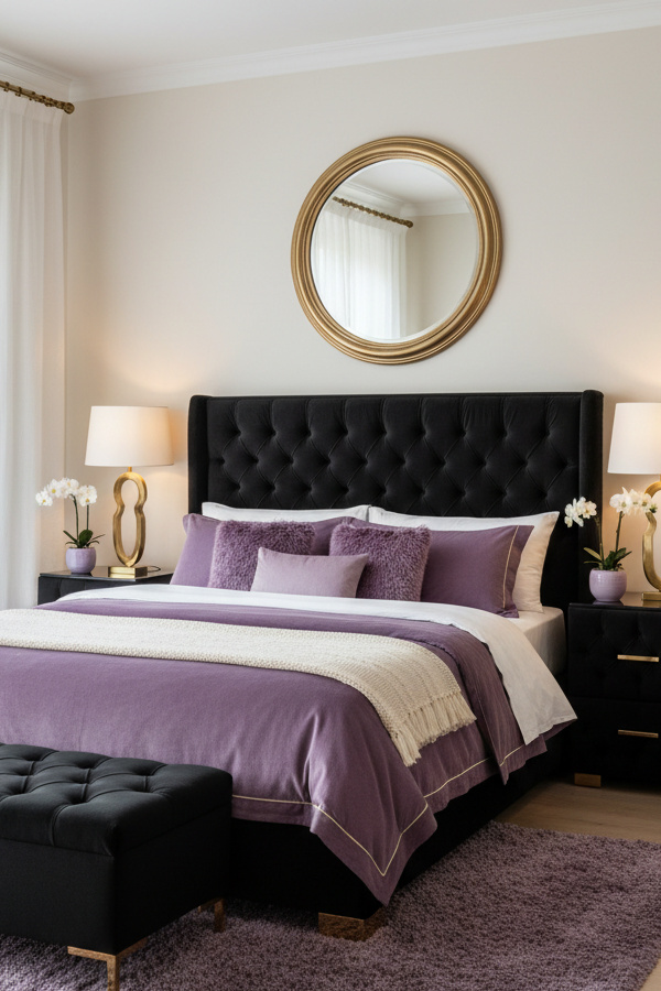 Luxe Black Bedroom With Tufted Upholstered Surfaces