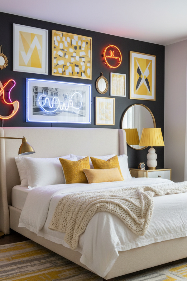 Black Bedroom With Neon Magenta Art Gallery Wall