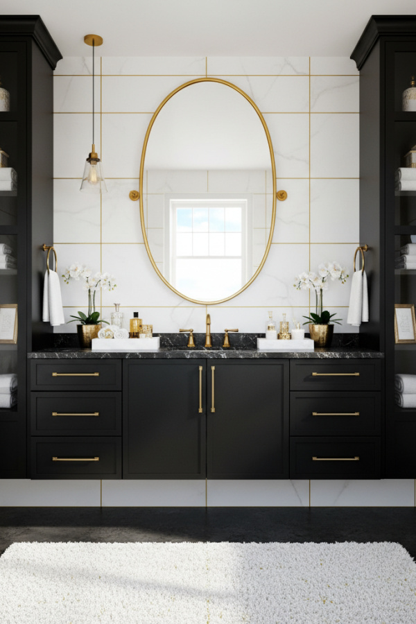 Modern Luminous Glam Black Cabinet Bathroom, Black Marble-Top Single Vanity, 1 Gold-Framed Oval Mirror, 1 White Ceramic Tray