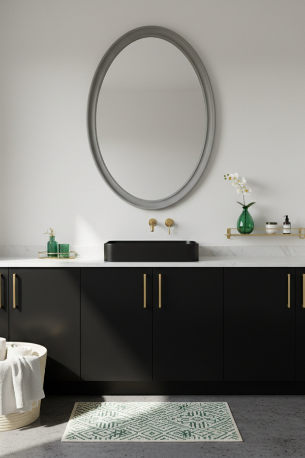 Modern Mystique Charm Black Cabinet Bathroom, Black Lacquered Storage Cabinet, 1 Gray Oval Mirror, 1 Cream Woven Basket