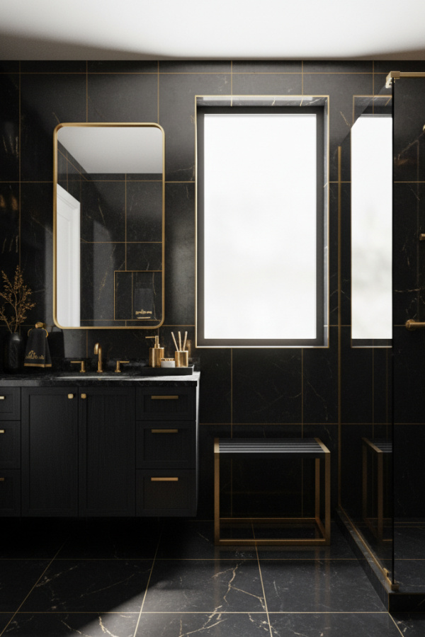 Modern City Sleek Black Cabinet Bathroom, Black Wooden Single Vanity, 1 Gold-Accented Rectangular Mirror, 1 Black Ceramic Tray
