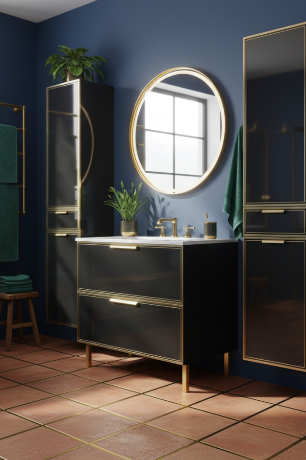 Modern Vivid Spark Black Cabinet Bathroom, Black Glossy Storage Cabinet, 1 Terracotta Ceramic Tile Floor, 1 Gold Towel Rack