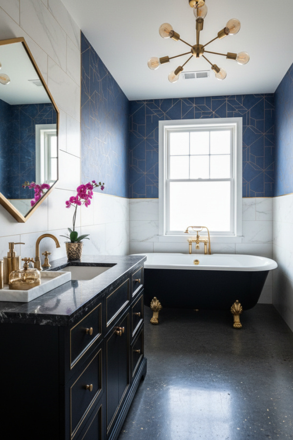 Modern Eclectic Glow Black Cabinet Bathroom, Black Marble-Top Single Vanity, 1 Hexagonal Gold Mirror, 1 White Marble Tray