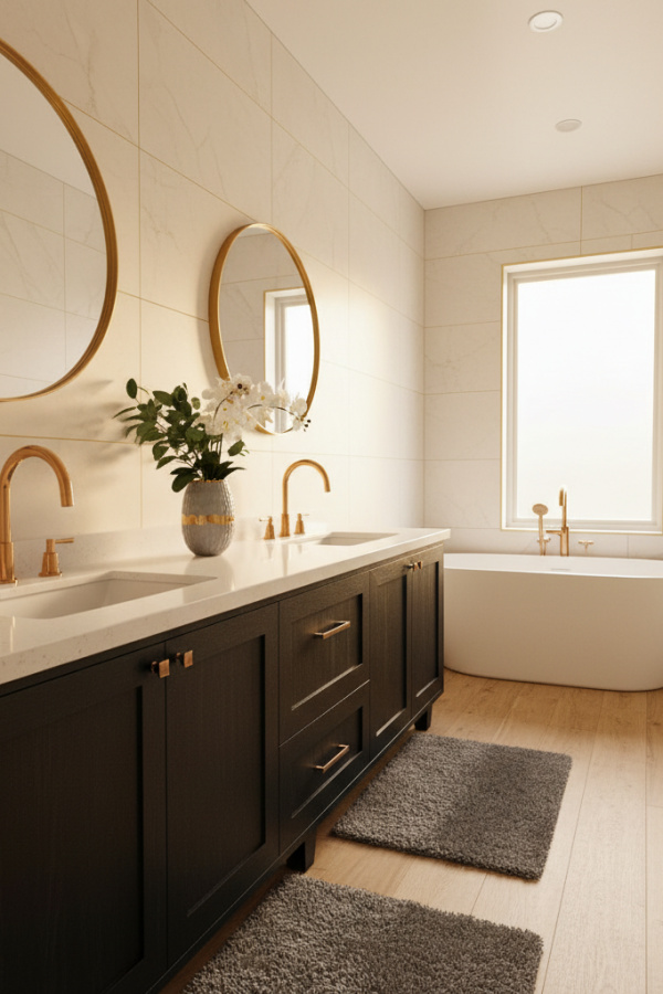 Modern Tranquil Luxe Black Cabinet Bathroom, Black Wooden Double Vanity, 1 Rose Gold Faucet Fixture, 1 Gray Ceramic Vase