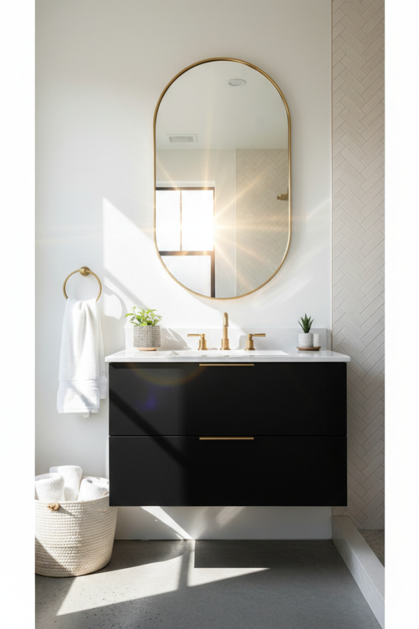Modern Modern Muse Black Cabinet Bathroom, Black Lacquered Single Vanity, 1 Oval Black Mirror, 1 Cream Woven Basket