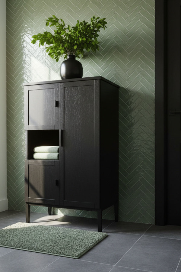 Modern Radiant Flair Black Cabinet Bathroom, Black Matte Storage Cabinet, 1 Sage Green Tile Surround, 1 Black Ceramic Vase