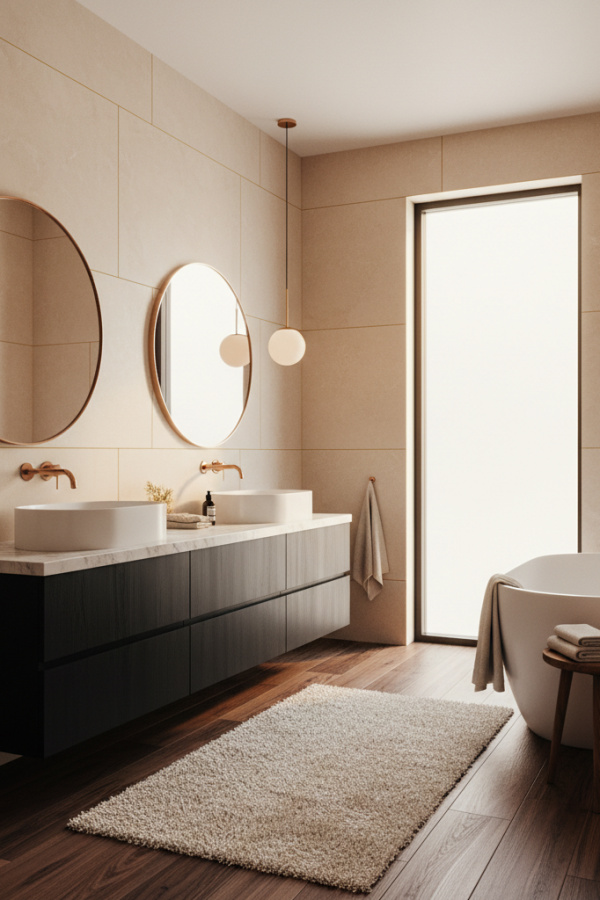 Modern Warm Sophistication Black Cabinet Bathroom, Black Wooden Double Vanity, 1 Round Marble Oval Mirror, 1 Rose Gold Towel Rack